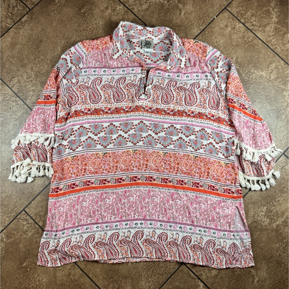 Ivy Jane Top Woman's Sz M Tunic Kimoto Style Loose Fit Paisley Boho Tassel